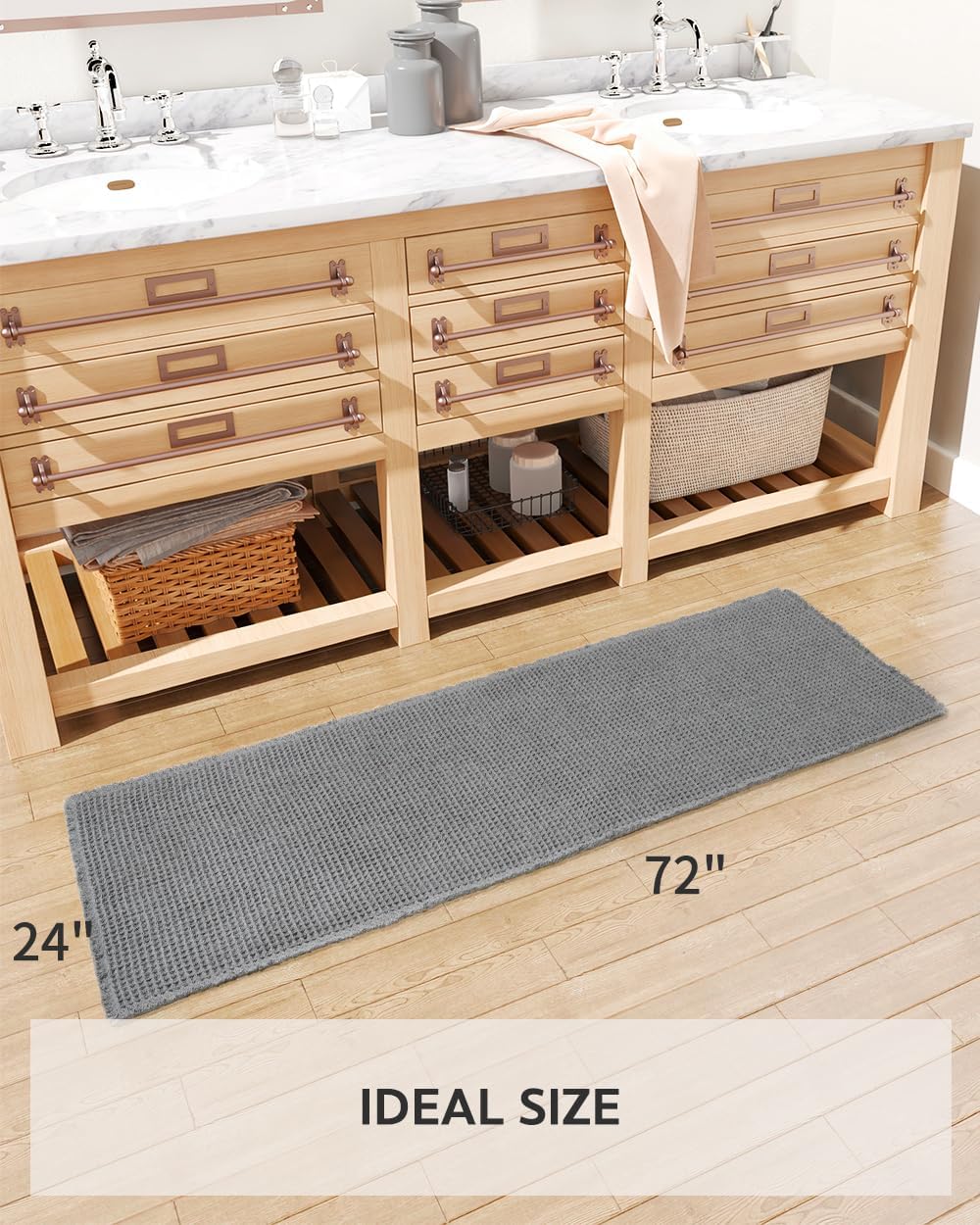 Waffle Bath Mat-Runner Rug, Super Absorbent Non Slip Bath Mats for Bathroom Machine Washable Long Rugs with Tassels, Bath Rugs for Bathroom Floor Beside Tub, 2' x 6'